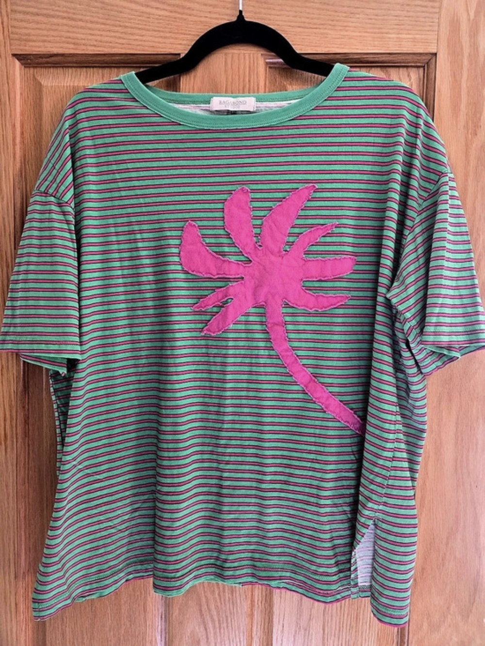 RAGABOND STUDIO Striped Palm Applique Tee Green & Pink